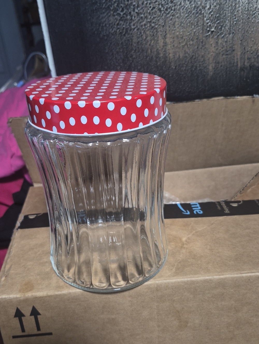 Clear Ribbed Glass Jar with Red Polka Dot Lid